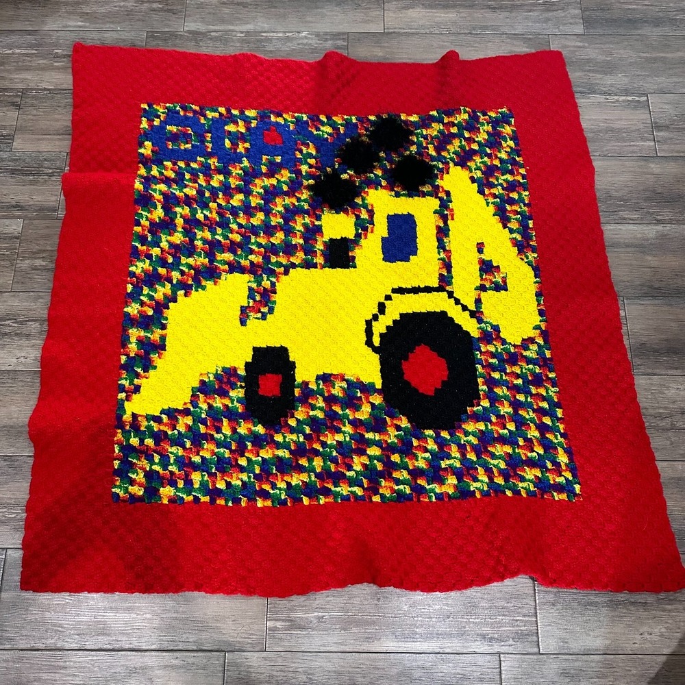 Handmade Crochet Digger Tractor Blanket Red Yellow Construction Throw 55x55